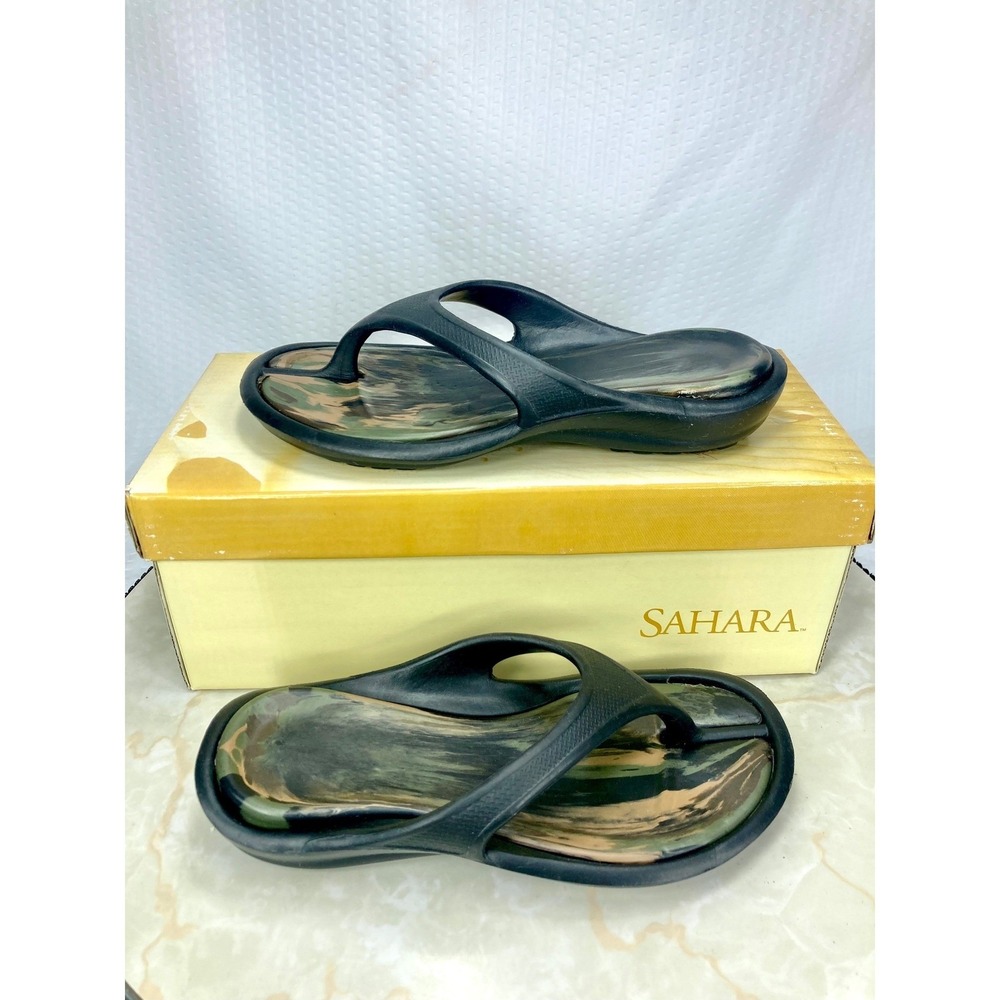 Sahara Camo Swirl Thong Flip Flop Sandals Kids 12 Black Green Casual Beach NWT